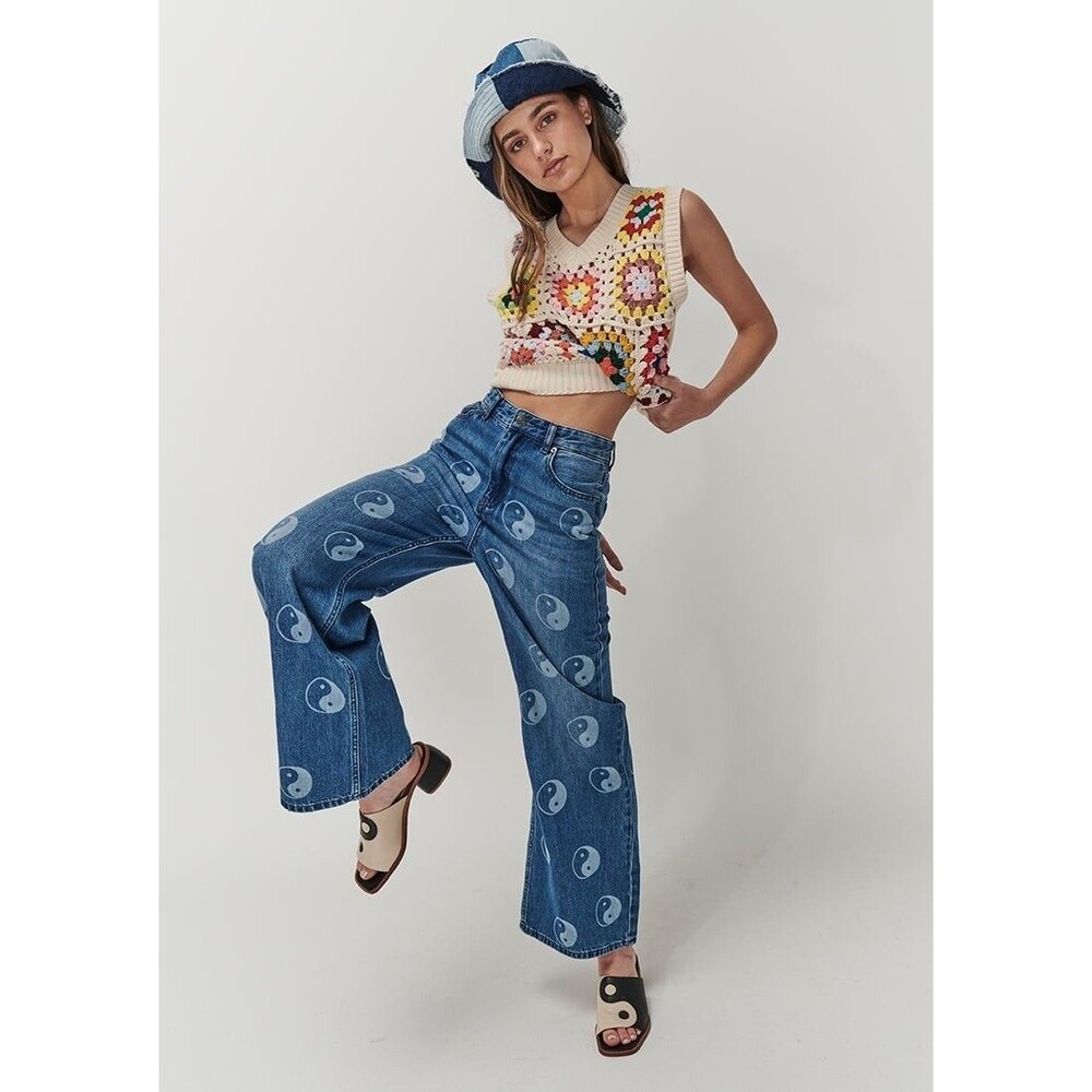 Ghanda Jeans Size‎ 2 (us) 6 (au) Ying Yang Beach Stamp Blue Wide Leg